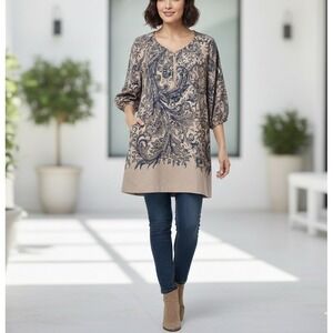 Soft Surroundings Size-XL/P Tunic Blouse or Shift Dress Prussian Beige Zip Neck